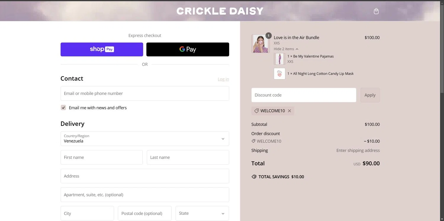 Crickle Daisy promo code screenshot showing code WELCOME10 applied at Crickle Daisy checkout page. Uploaded by SimplyCodes community member Depressive on Feb 14, 2025