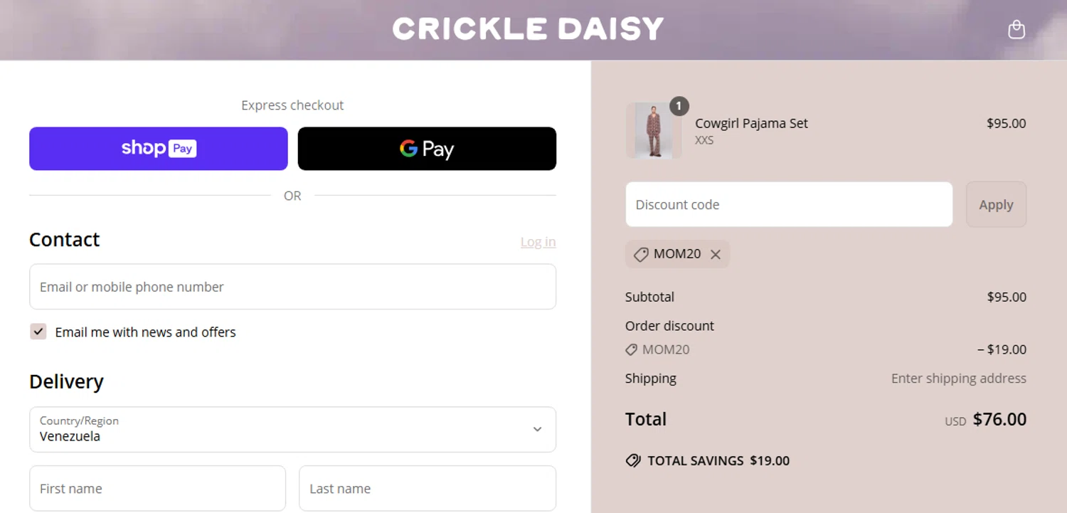 Crickle Daisy promo code screenshot showing code MOM20 applied at Crickle Daisy checkout page. Uploaded by SimplyCodes community member Jhonny on May 2, 2025