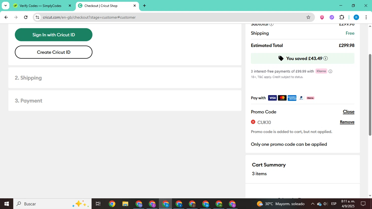 Cricut coupon code screenshot showing code CUK10 applied at Cricut checkout page. Uploaded by SimplyCodes community member CodeShopper8605 on Sep 4, 2025