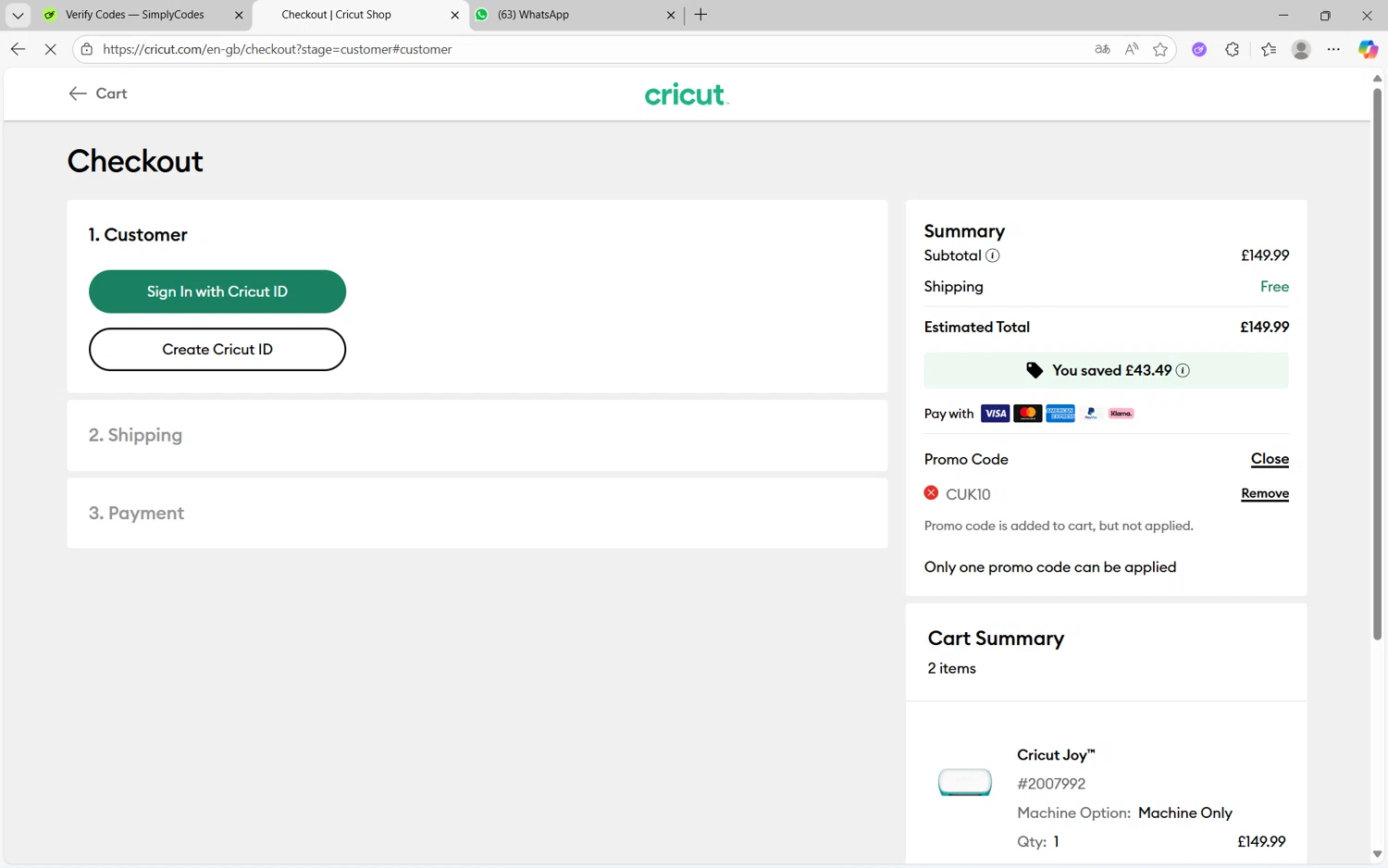 Cricut coupon code screenshot showing code CUK10 applied at Cricut checkout page. Uploaded by SimplyCodes community member juanx1702 on Nov 1, 2025