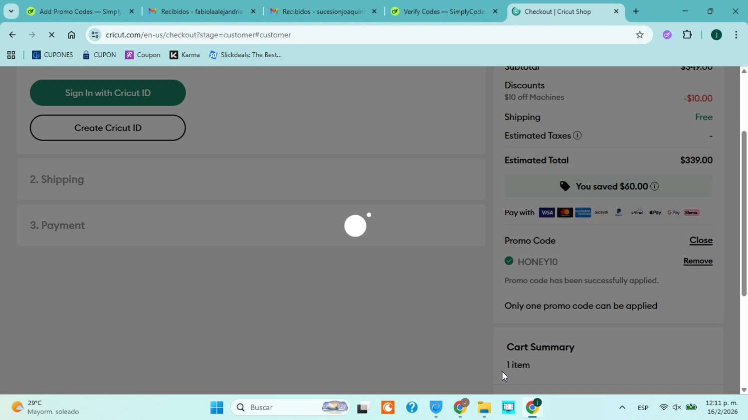 Cricut checkout page showing Cricut coupon code box | Screenshot taken by SimplyCodes community member on Feb 16, 2026