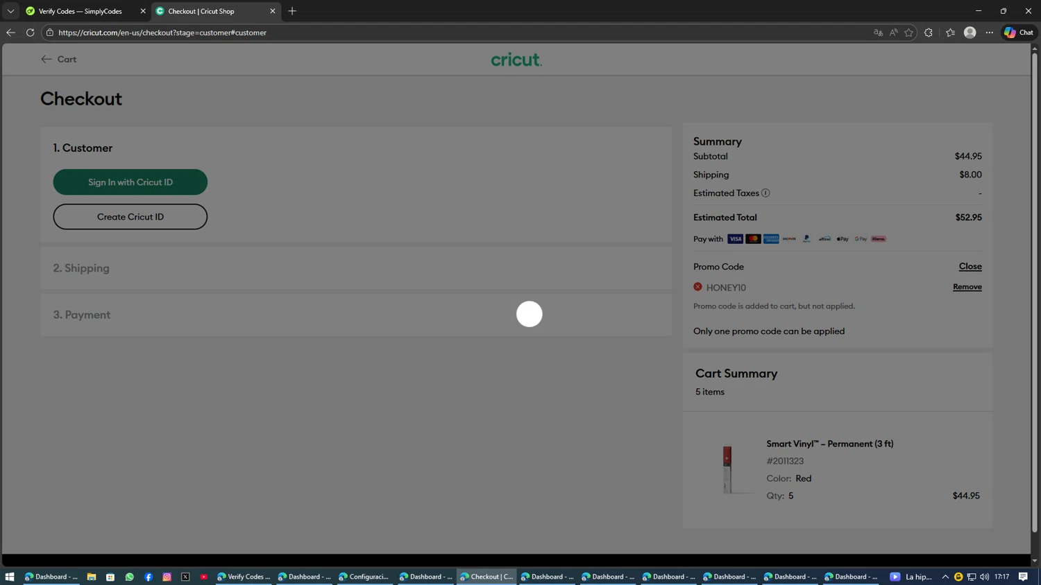 Cricut coupon code screenshot showing code honey10 applied at Cricut checkout page. Uploaded by SimplyCodes community member AVAMUSTANG on Feb 1, 2026