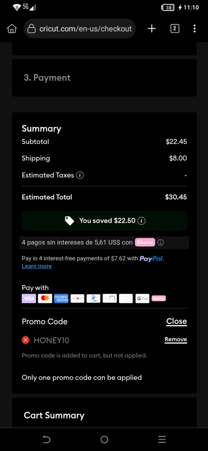 Cricut coupon code screenshot showing code honey10 applied at Cricut checkout page. Uploaded by SimplyCodes community member EpicPilot2189 on Jul 8, 2025