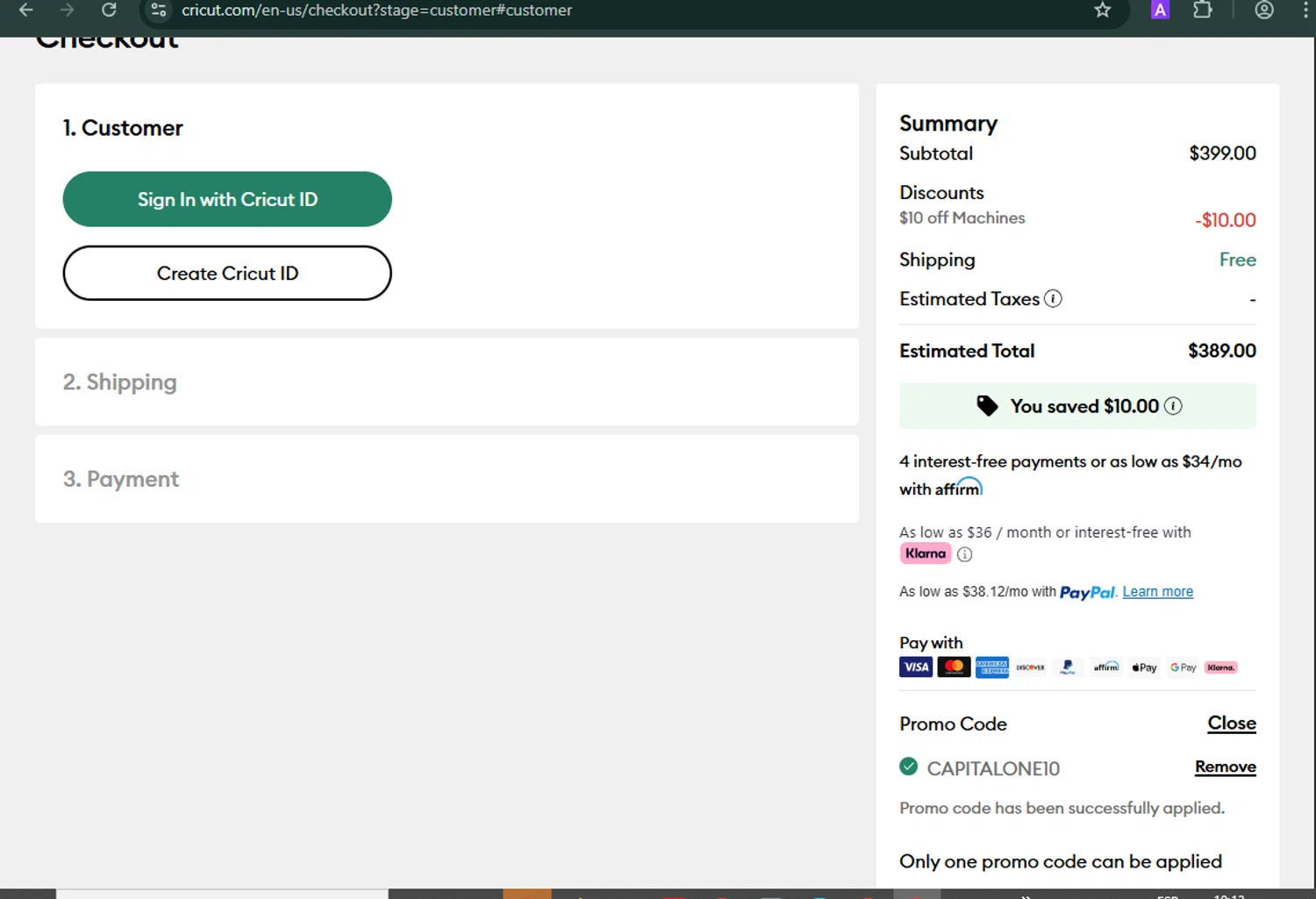 Cricut coupon code screenshot showing code CapitalOne10 applied at Cricut checkout page. Uploaded by SimplyCodes community member MARCVH on Sep 30, 2025