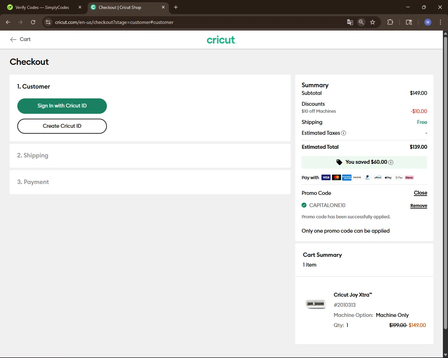Cricut coupon code screenshot showing code CapitalOne10 applied at Cricut checkout page. Uploaded by SimplyCodes community member VoucherElite7352 on Nov 12, 2025