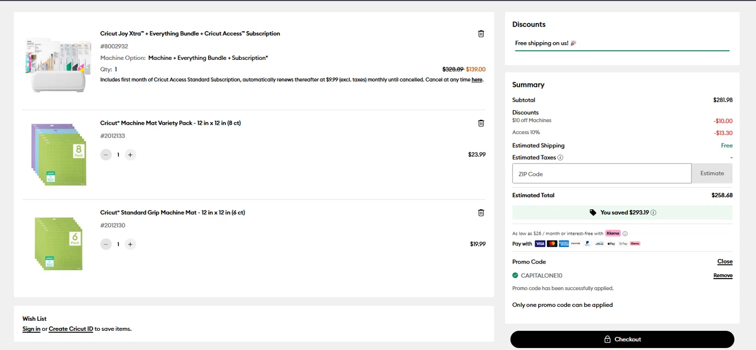 Cricut coupon code screenshot showing code CapitalOne10 applied at Cricut checkout page. Uploaded by SimplyCodes community member pradenest_e8ec on Dec 25, 2025