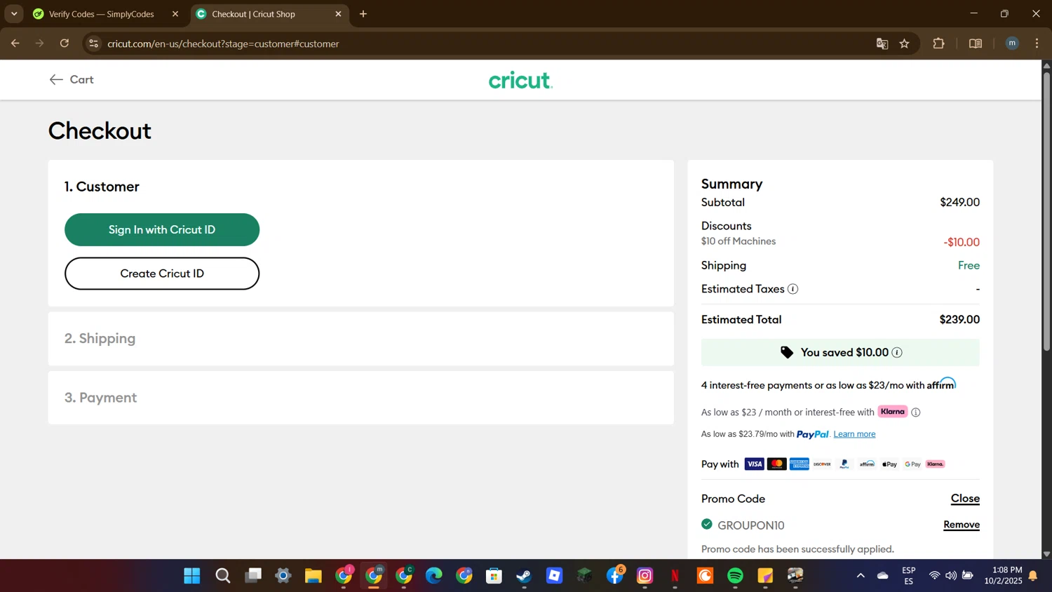 Cricut coupon code screenshot showing code Groupon10 applied at Cricut checkout page. Uploaded by SimplyCodes community member DTBERA2024 on Oct 2, 2025