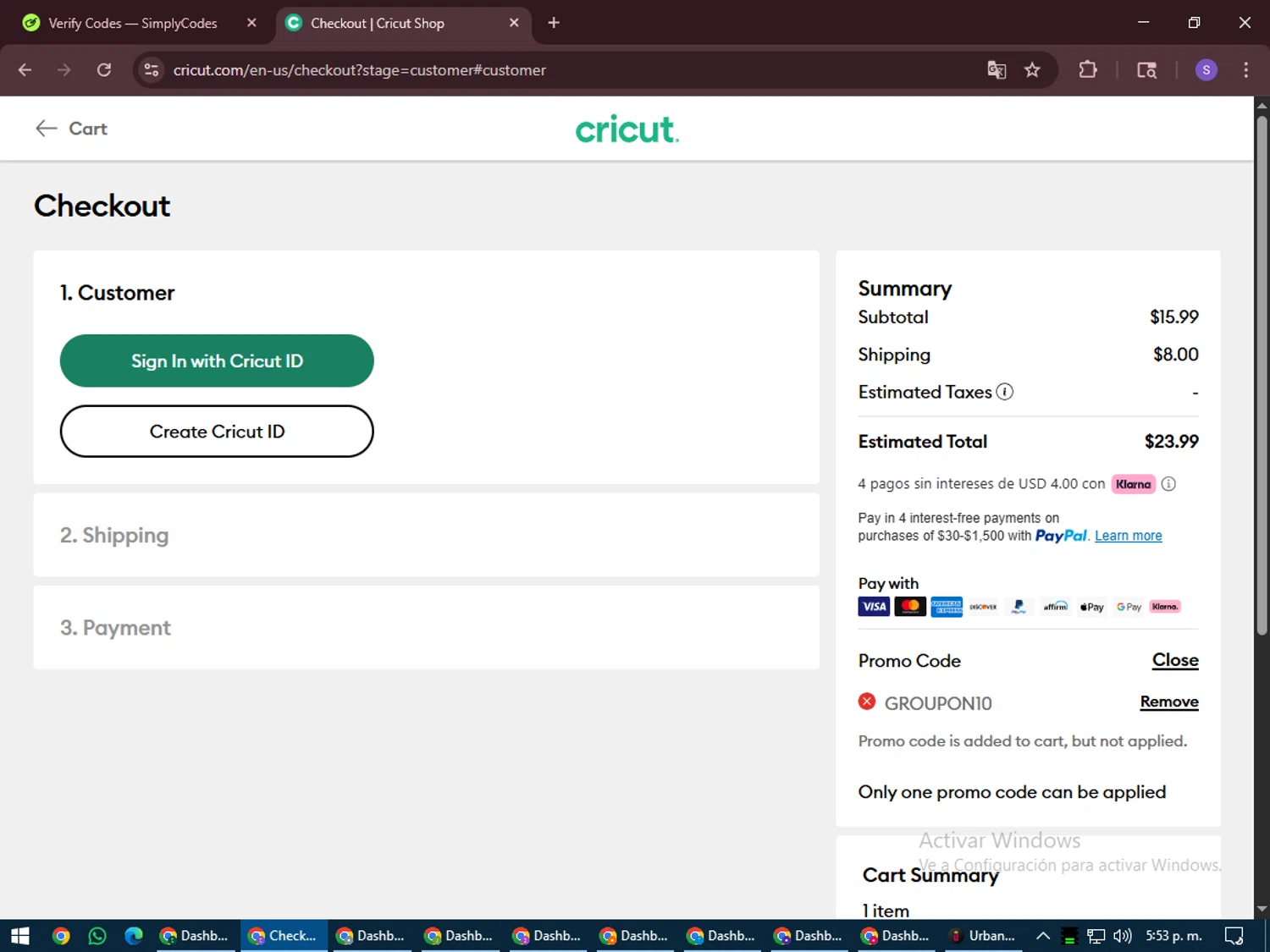 Cricut coupon code screenshot showing code Groupon10 applied at Cricut checkout page. Uploaded by SimplyCodes community member LuckyVoyager688 on Jul 28, 2025