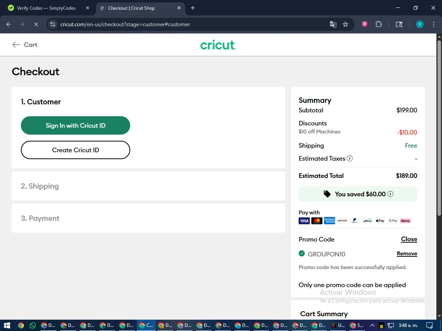 Cricut checkout page showing Cricut coupon code box | Screenshot taken by SimplyCodes community member on Jan 5, 2026
