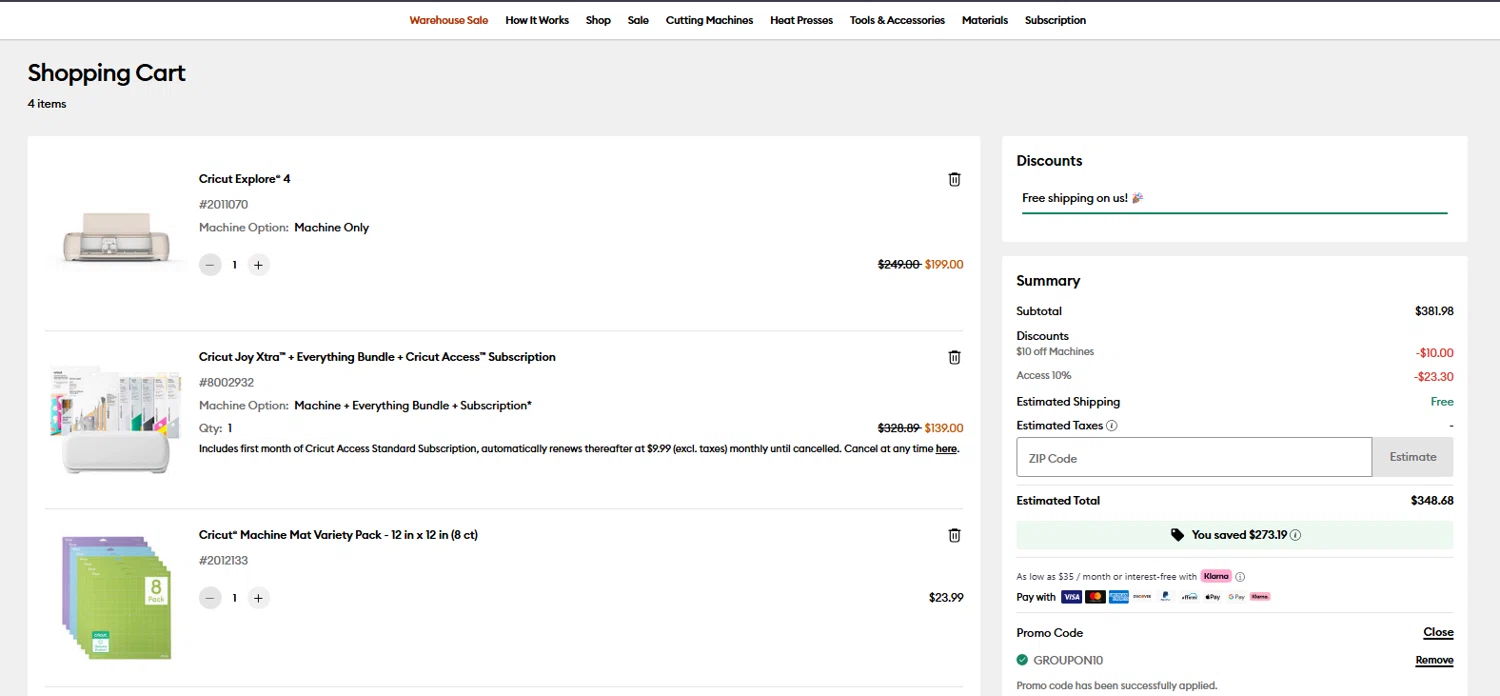 Cricut coupon code screenshot showing code Groupon10 applied at Cricut checkout page. Uploaded by SimplyCodes community member pradenest_e8ec on Dec 25, 2025