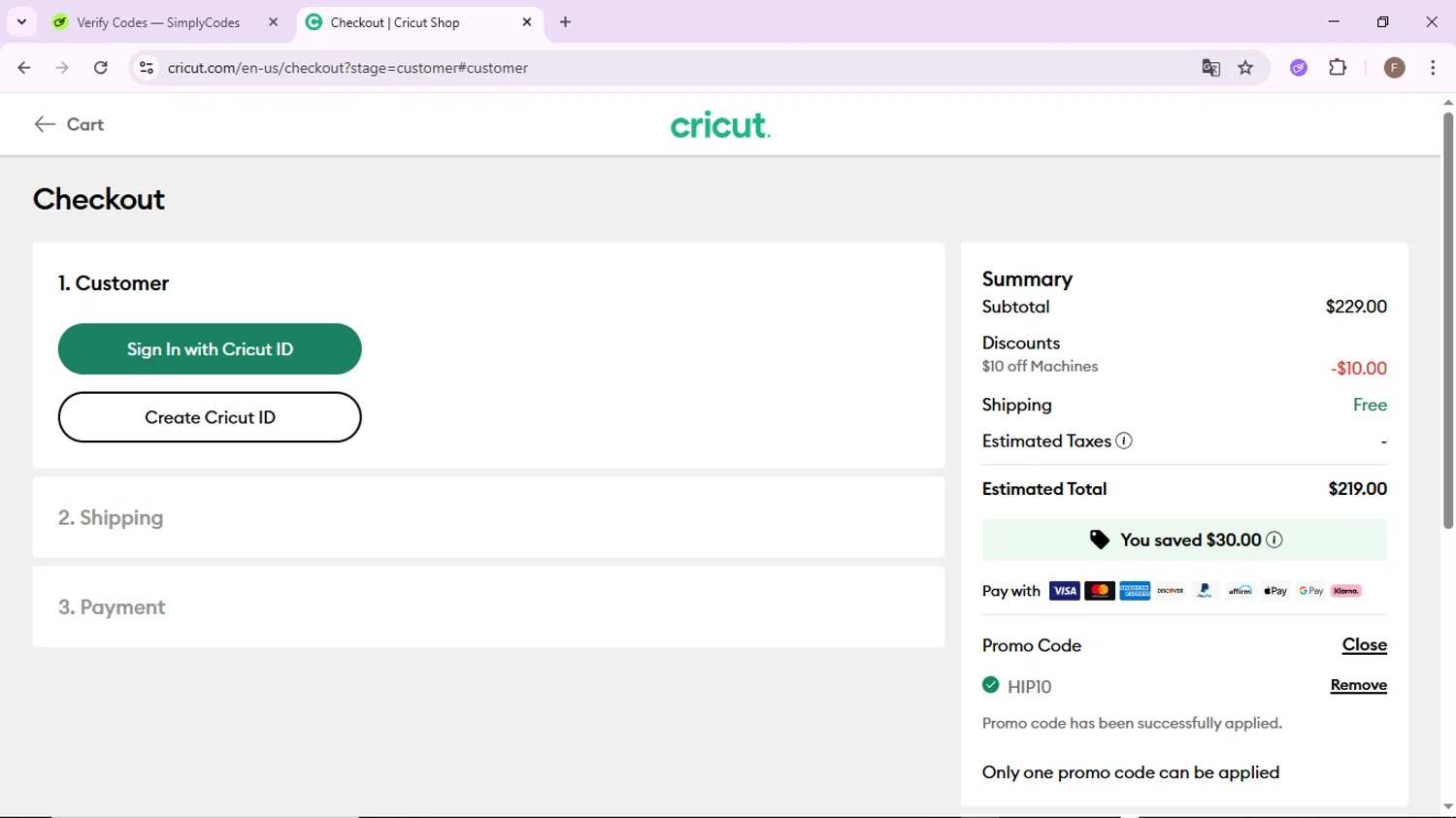 Cricut coupon code screenshot showing code HIP10 applied at Cricut checkout page. Uploaded by SimplyCodes community member CashLion2660 on Nov 10, 2025