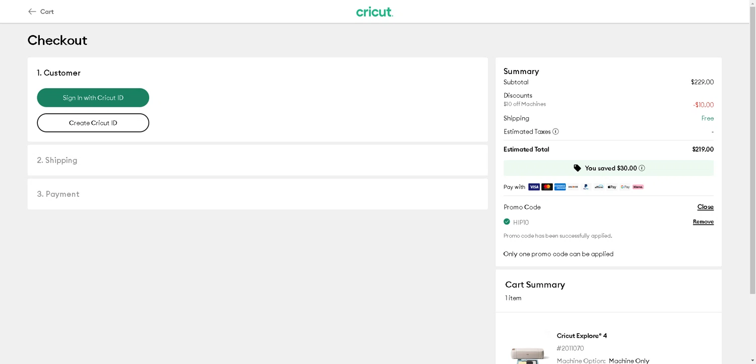 Cricut coupon code screenshot showing code HIP10 applied at Cricut checkout page. Uploaded by SimplyCodes community member DealHunter6996 on Nov 19, 2025