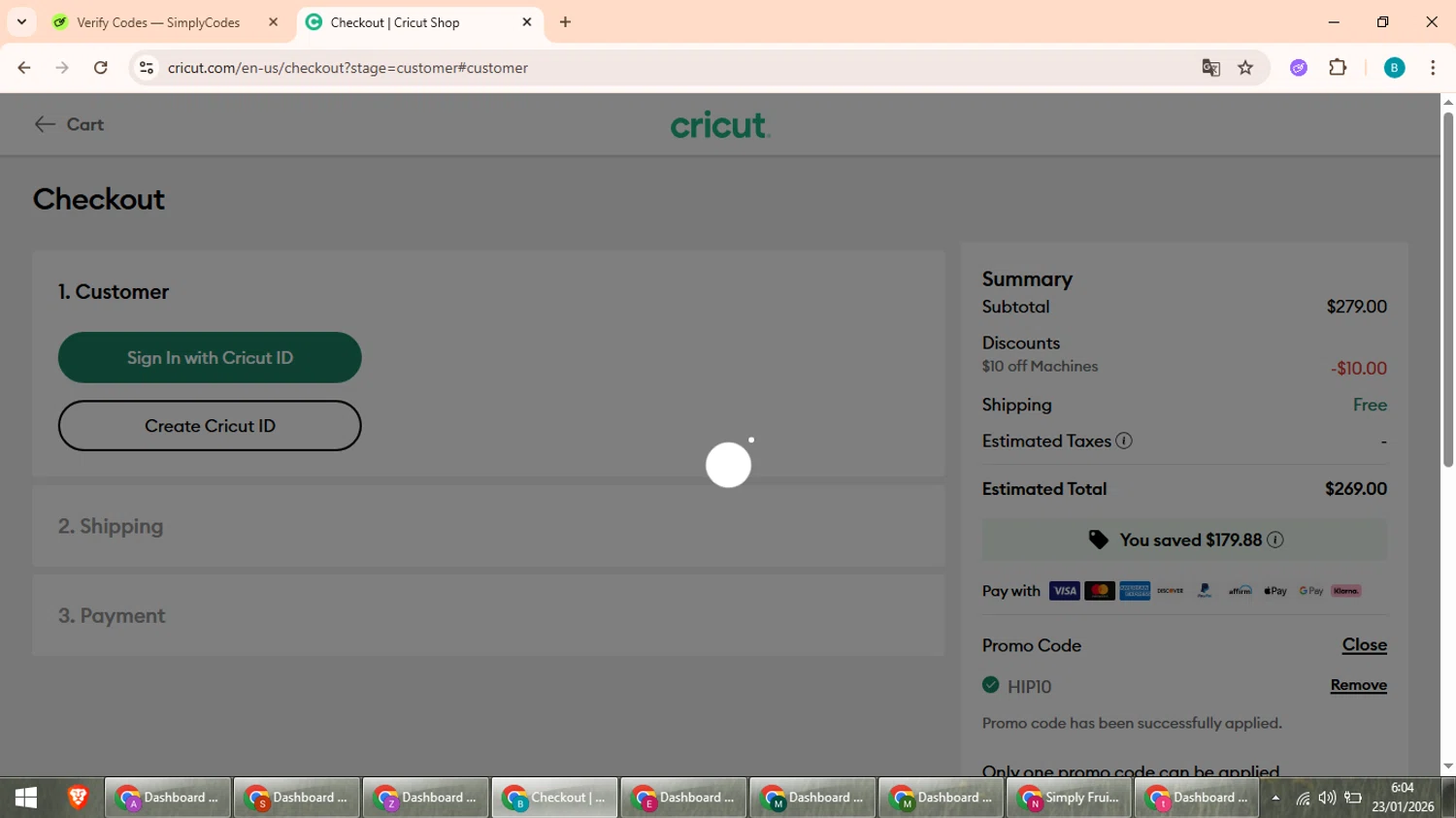 Cricut checkout page showing Cricut coupon code box | Screenshot taken by SimplyCodes community member on Jan 23, 2026