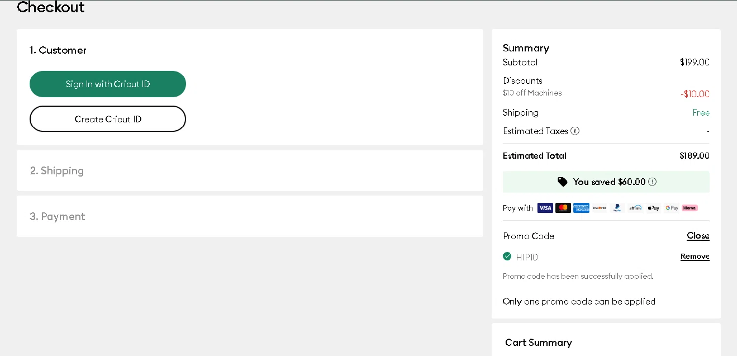 Cricut checkout page showing Cricut coupon code box | Screenshot taken by SimplyCodes community member on Jan 5, 2026