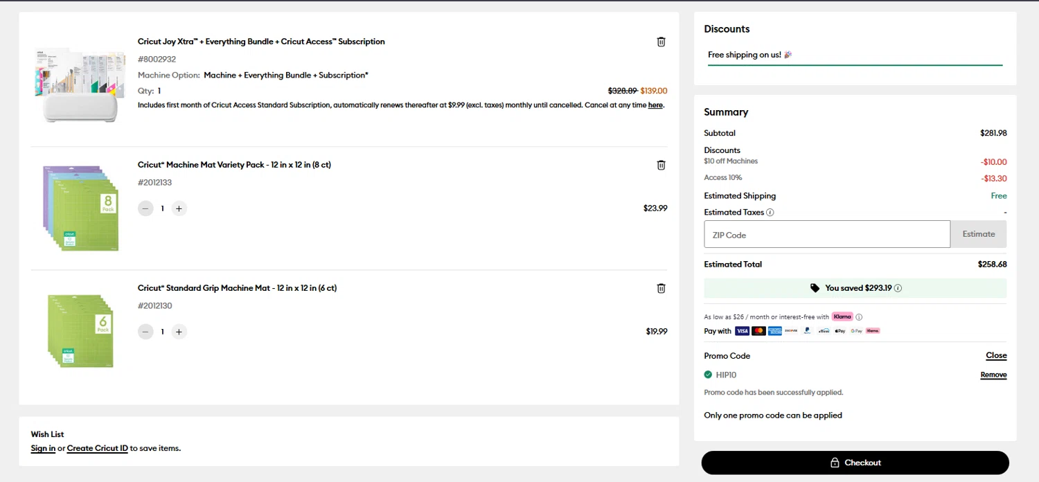Cricut coupon code screenshot showing code HIP10 applied at Cricut checkout page. Uploaded by SimplyCodes community member pradenest_e8ec on Dec 25, 2025