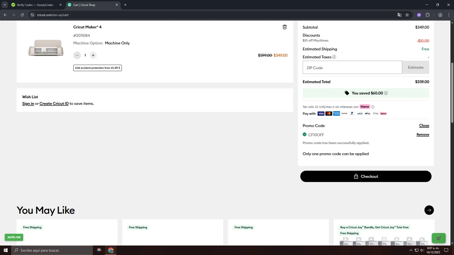 Cricut checkout page showing Cricut coupon code box | Screenshot taken by SimplyCodes community member on Dec 14, 2025