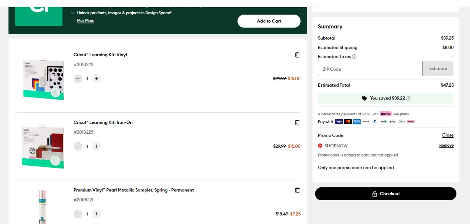 Cricut checkout page showing Cricut coupon code box | Screenshot taken by SimplyCodes community member on Feb 10, 2026