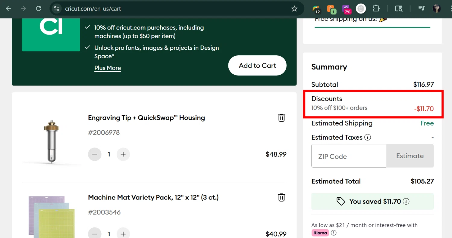 Cricut coupon code screenshot showing code Honey10 applied at Cricut checkout page. Uploaded by SimplyCodes community member MarUmi on Jul 29, 2025