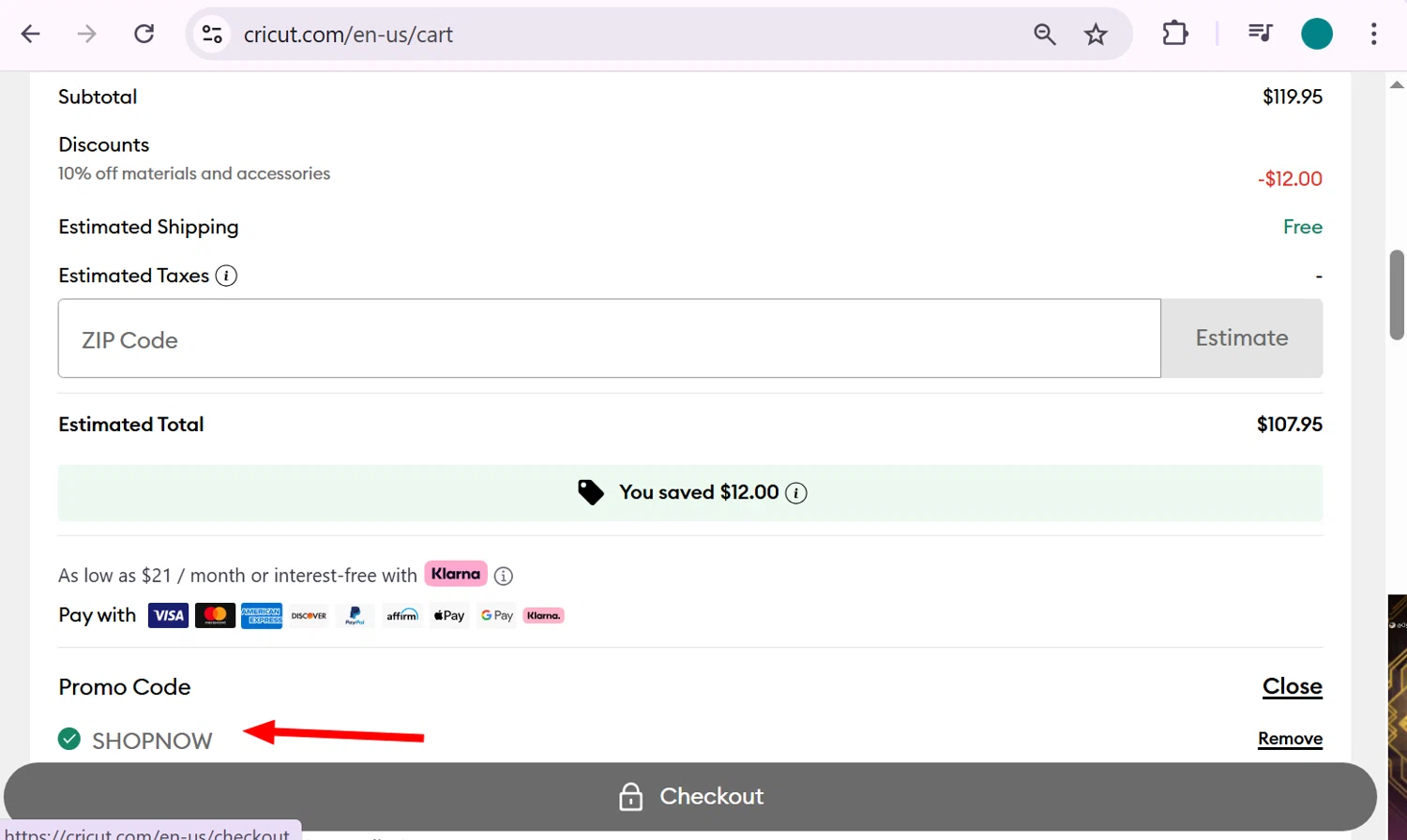 Cricut coupon code screenshot showing code SHOPNOW applied at Cricut checkout page. Uploaded by SimplyCodes community member anosesmith on Jan 8, 2026