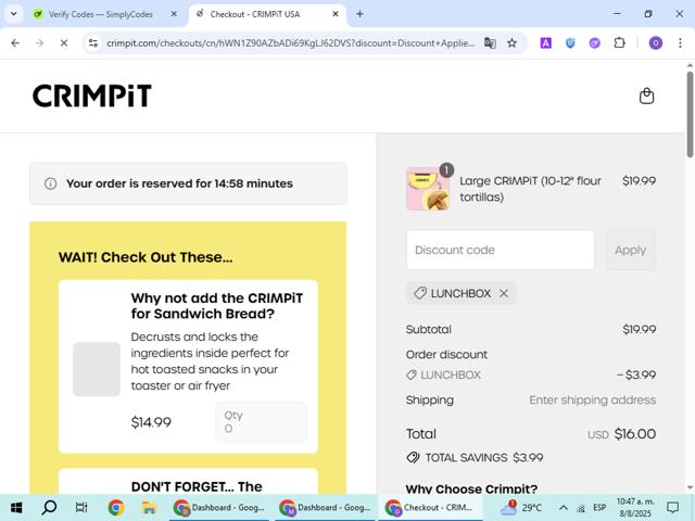 CRIMPiT USA checkout page showing CRIMPiT USA promo code box | Screenshot taken by SimplyCodes community member on Aug 8, 2025