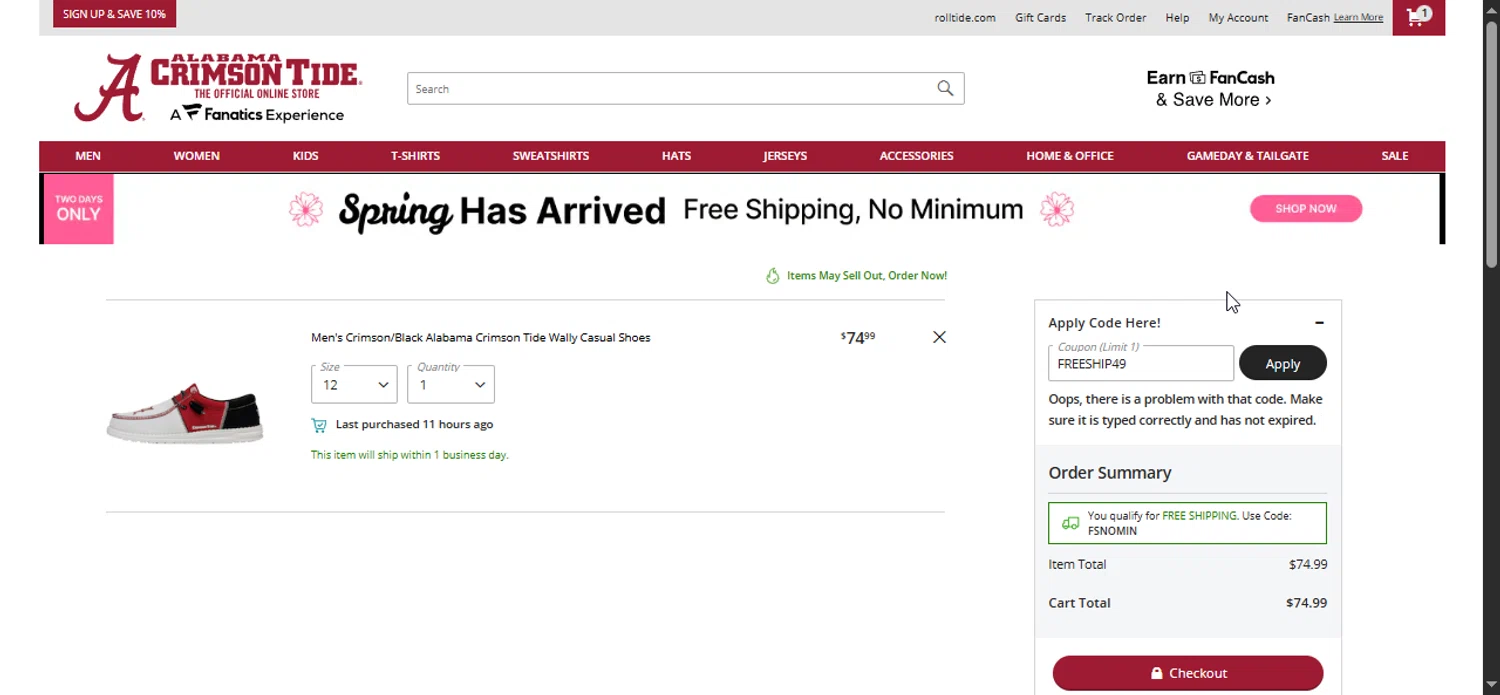 Alabama Crimson Tide Online Store promo code screenshot showing code FREESHIP49 applied at Alabama Crimson Tide Online Store checkout page. Uploaded by SimplyCodes community member Prospecto on Mar 14, 2025