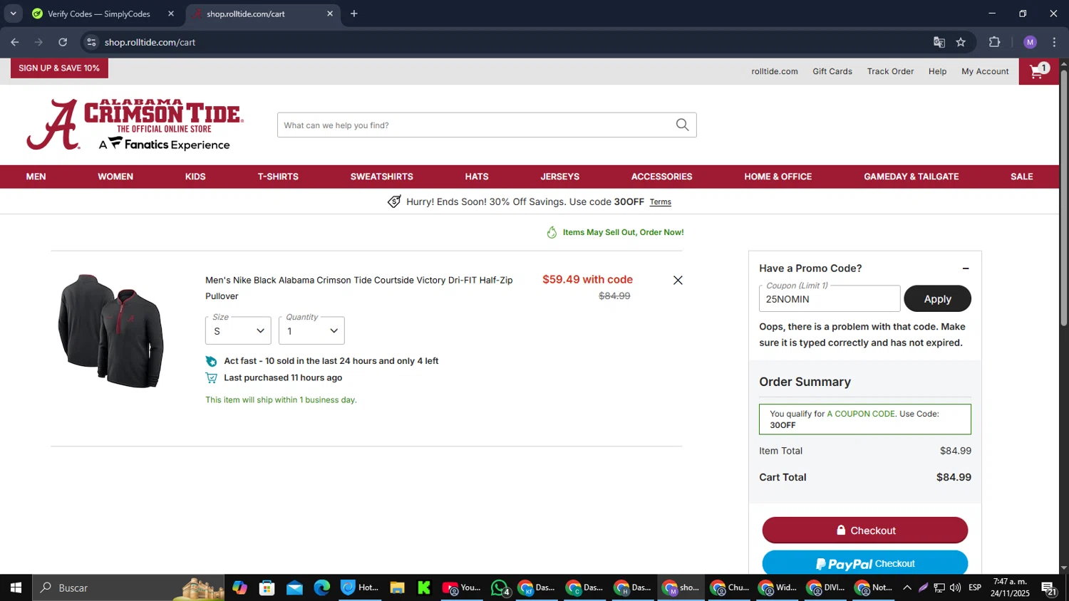 Alabama Crimson Tide Online Store promo code screenshot showing code 25NOMIN applied at Alabama Crimson Tide Online Store checkout page. Uploaded by SimplyCodes community member CouponGuardian8137 on Nov 24, 2025