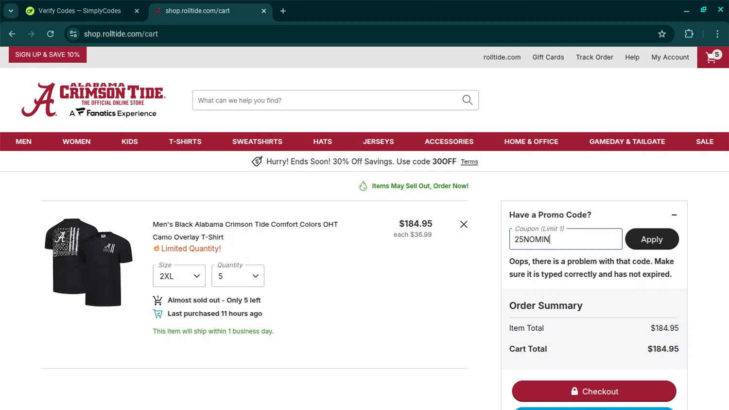 Alabama Crimson Tide Online Store promo code screenshot showing code 25NOMIN applied at Alabama Crimson Tide Online Store checkout page. Uploaded by SimplyCodes community member SwiftSage2309 on Nov 24, 2025