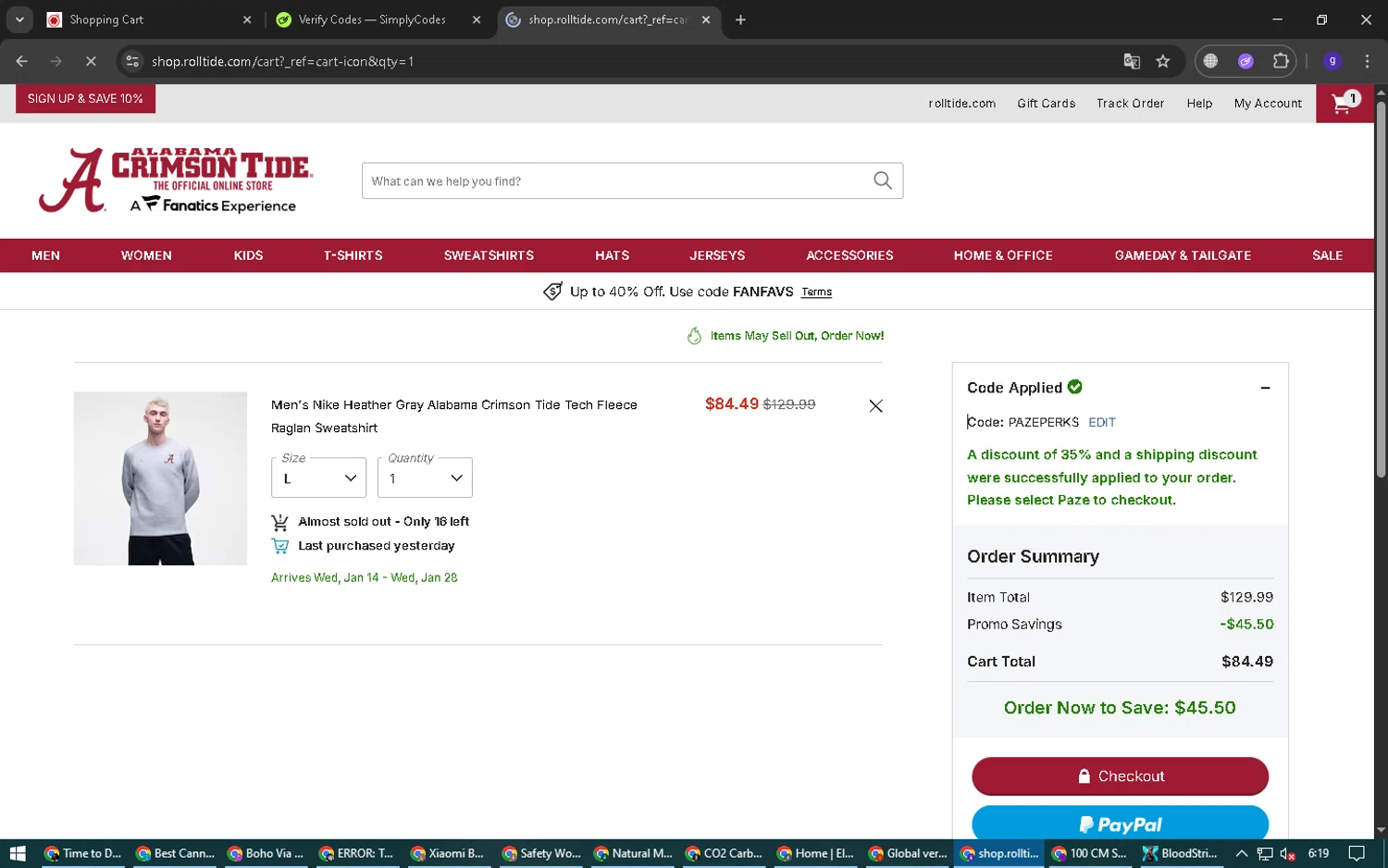 Alabama Crimson Tide Online Store promo code screenshot showing code PAZEPERKS applied at Alabama Crimson Tide Online Store checkout page. Uploaded by SimplyCodes community member Epa_yava on Dec 26, 2025