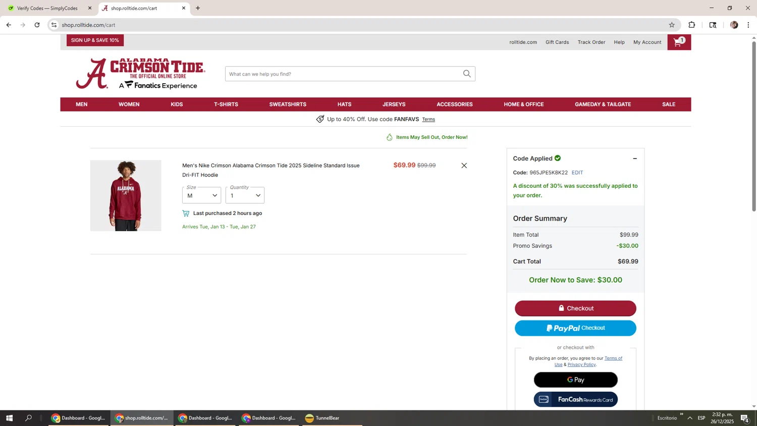 Alabama Crimson Tide Online Store checkout page showing Alabama Crimson Tide Online Store promo code box | Screenshot taken by SimplyCodes community member on Dec 26, 2025
