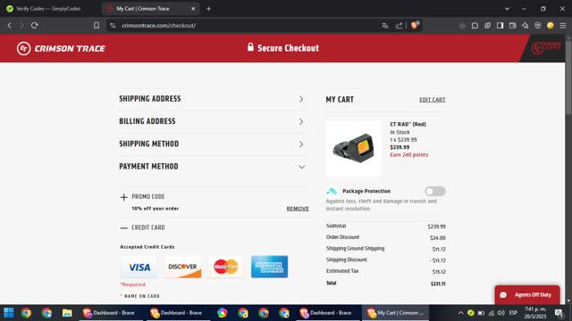 Crimson Trace checkout page showing Crimson Trace promo code box | Screenshot taken by SimplyCodes community member on Mar 20, 2025