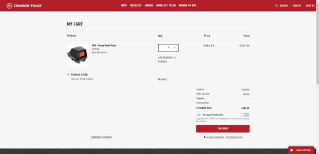 Crimson Trace checkout page showing Crimson Trace promo code box | Screenshot taken by SimplyCodes community member on May 22, 2025