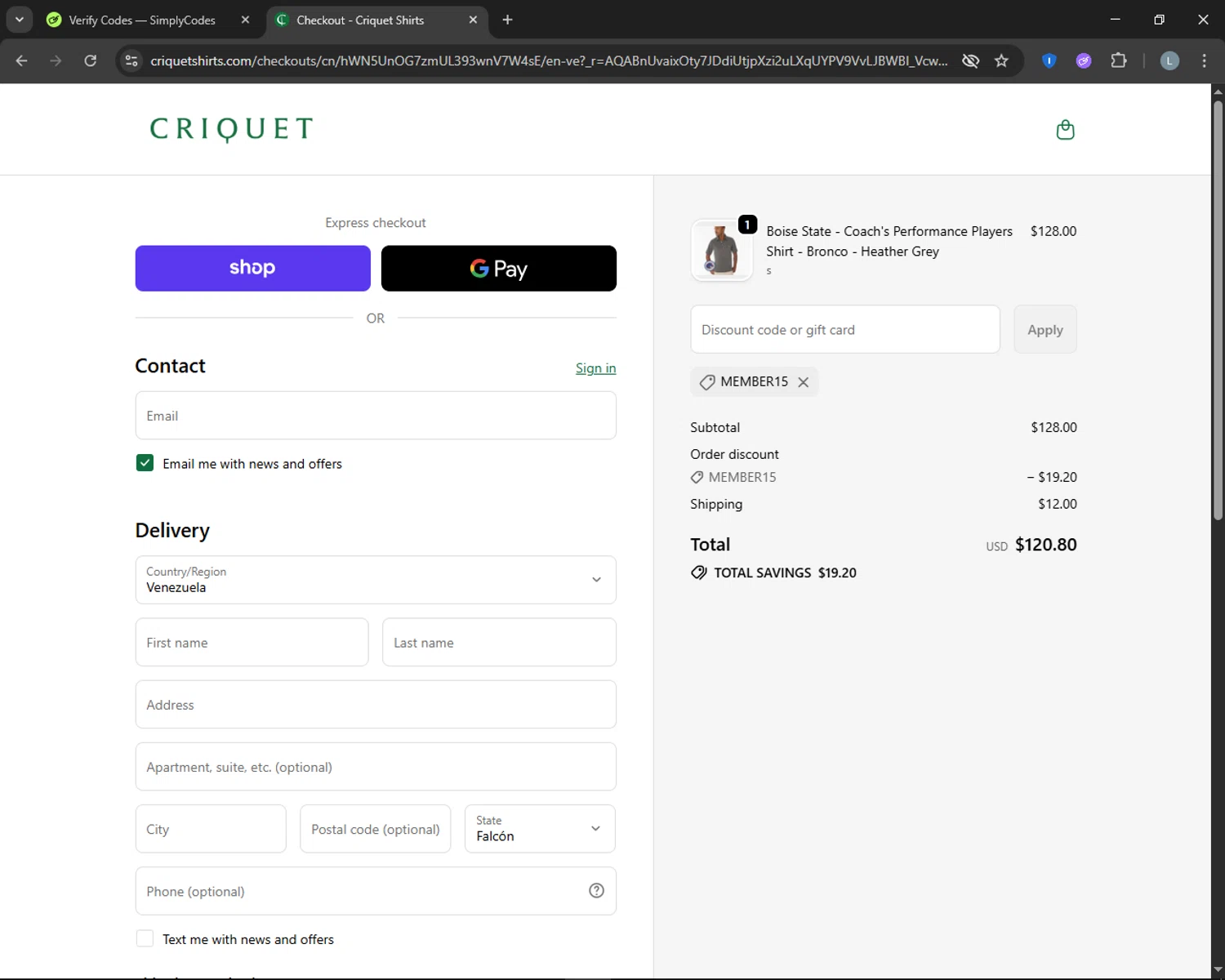 Criquet Shirts promo code screenshot showing code MEMBER15 applied at Criquet Shirts checkout page. Uploaded by SimplyCodes community member CashTracker4266 on Nov 20, 2025