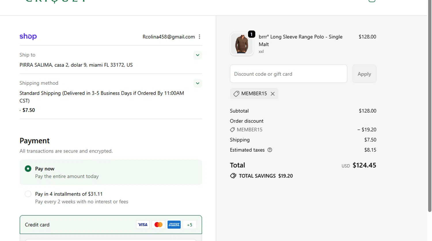 Criquet Shirts promo code screenshot showing code MEMBER15 applied at Criquet Shirts checkout page. Uploaded by SimplyCodes community member MightyMaven4946 on Oct 27, 2025