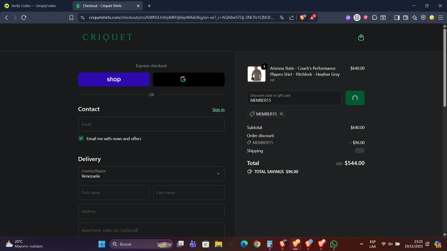 Criquet Shirts promo code screenshot showing code MEMBER15 applied at Criquet Shirts checkout page. Uploaded by SimplyCodes community member PennyScholar593 on Nov 20, 2025