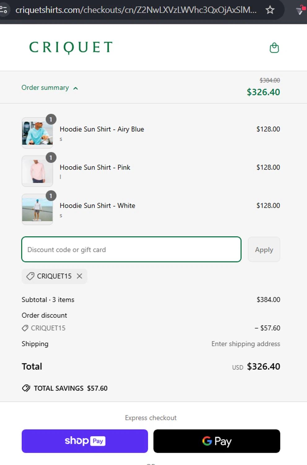 Criquet Shirts promo code screenshot showing code CRIQUET15 applied at Criquet Shirts checkout page. Uploaded by SimplyCodes community member RafaLB on Apr 20, 2025