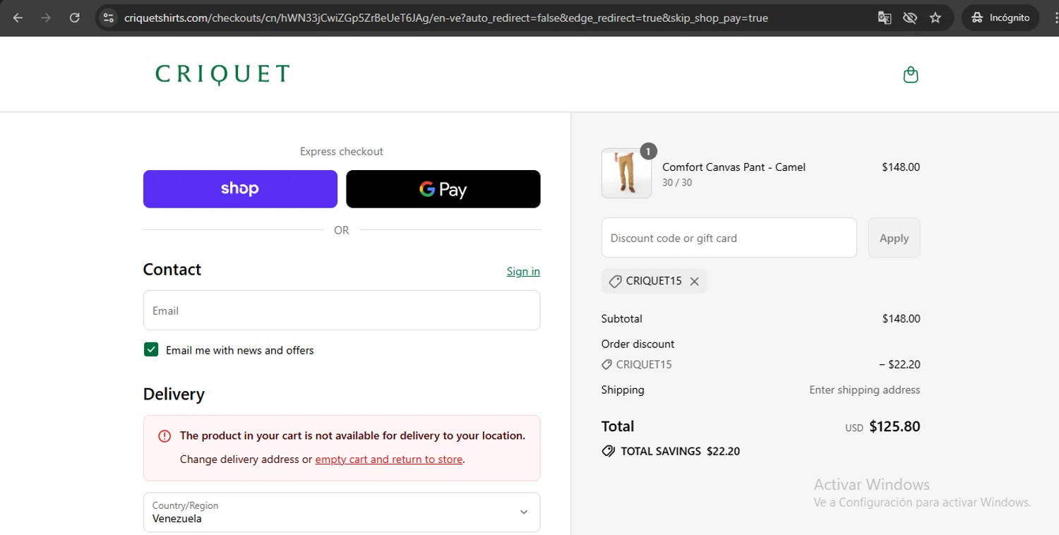 Criquet Shirts promo code screenshot showing code CRIQUET15 applied at Criquet Shirts checkout page. Uploaded by SimplyCodes community member UchihaMadara on Sep 16, 2025