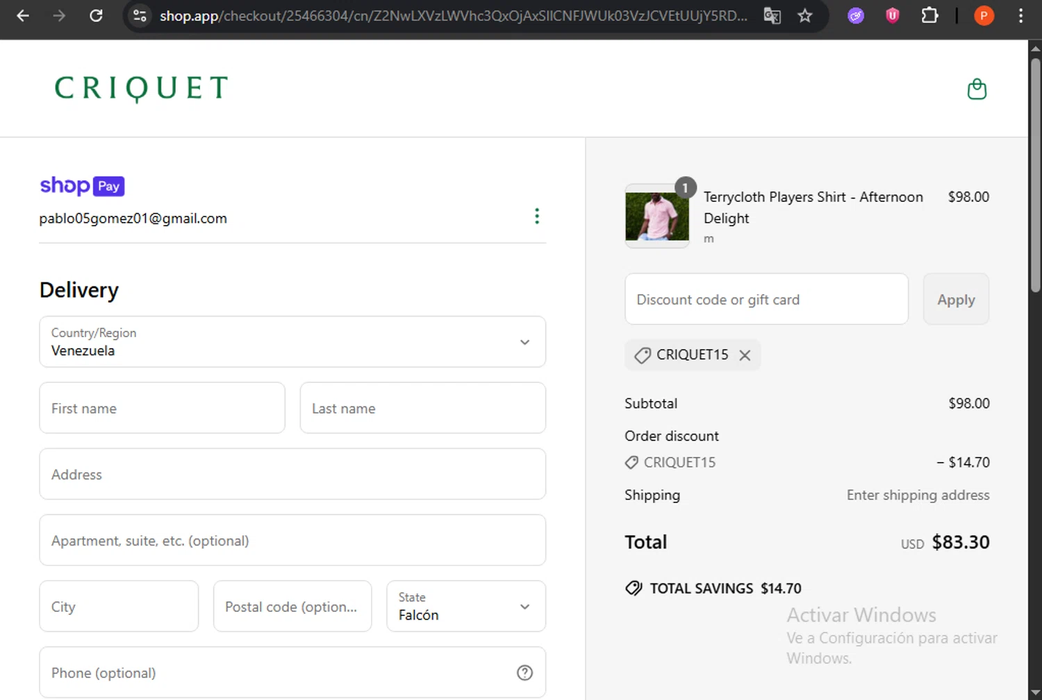 Criquet Shirts promo code screenshot showing code CRIQUET15 applied at Criquet Shirts checkout page. Uploaded by SimplyCodes community member WonderDefender6772 on Jun 22, 2025