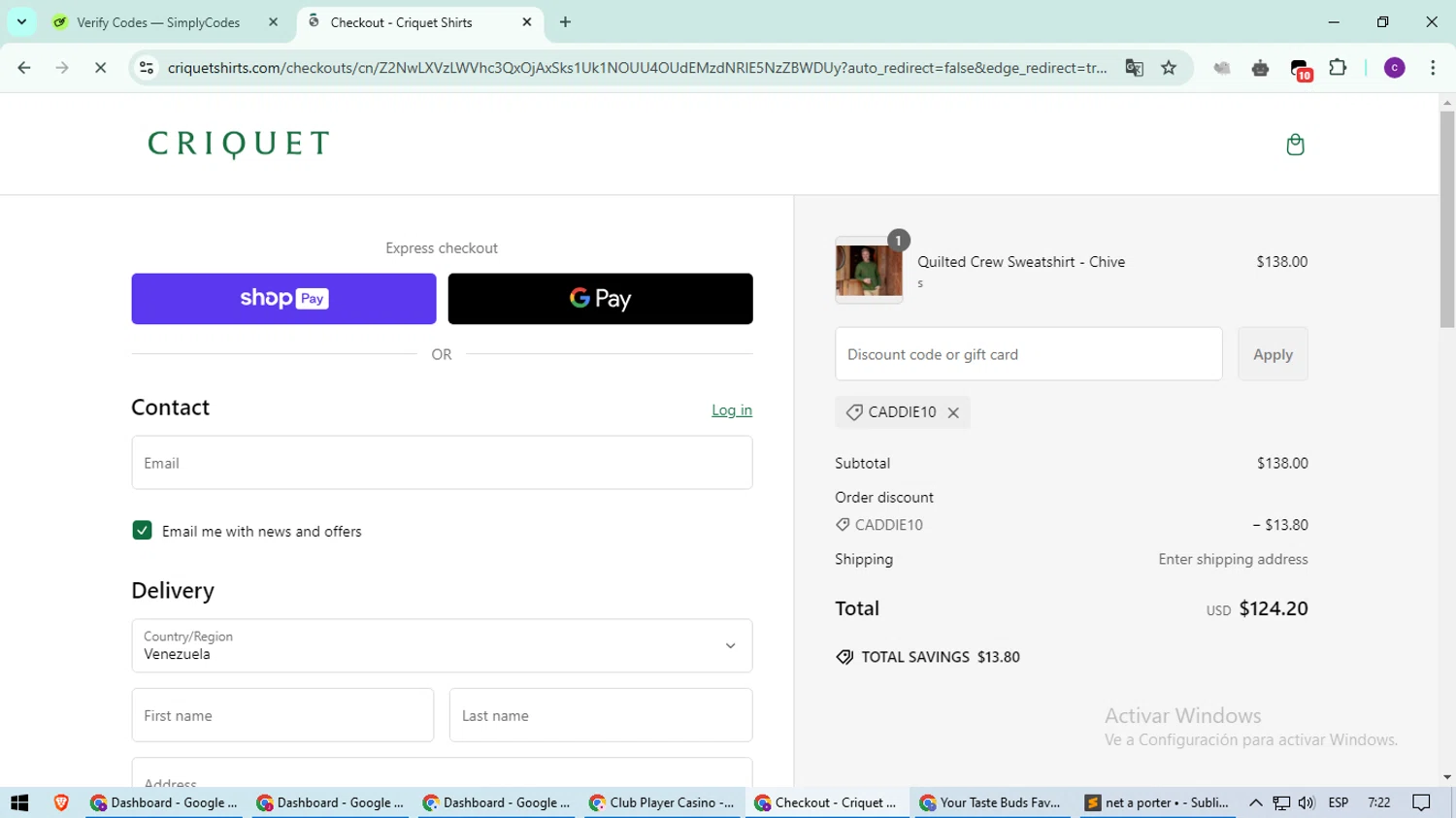 Criquet Shirts promo code screenshot showing code CADDIE10 applied at Criquet Shirts checkout page. Uploaded by SimplyCodes community member suieeloves on Feb 3, 2025