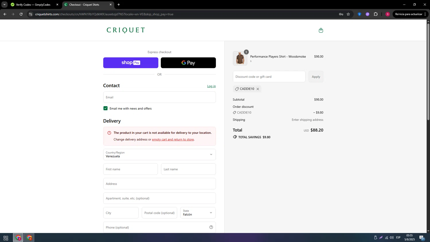 Criquet Shirts promo code screenshot showing code CADDIE10 applied at Criquet Shirts checkout page. Uploaded by SimplyCodes community member usenameeeee on Aug 5, 2025