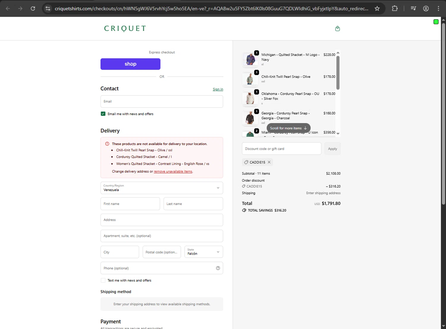 Criquet Shirts promo code screenshot showing code CADDIE15 applied at Criquet Shirts checkout page. Uploaded by SimplyCodes community member ShrewdDefender8496 on Nov 25, 2025