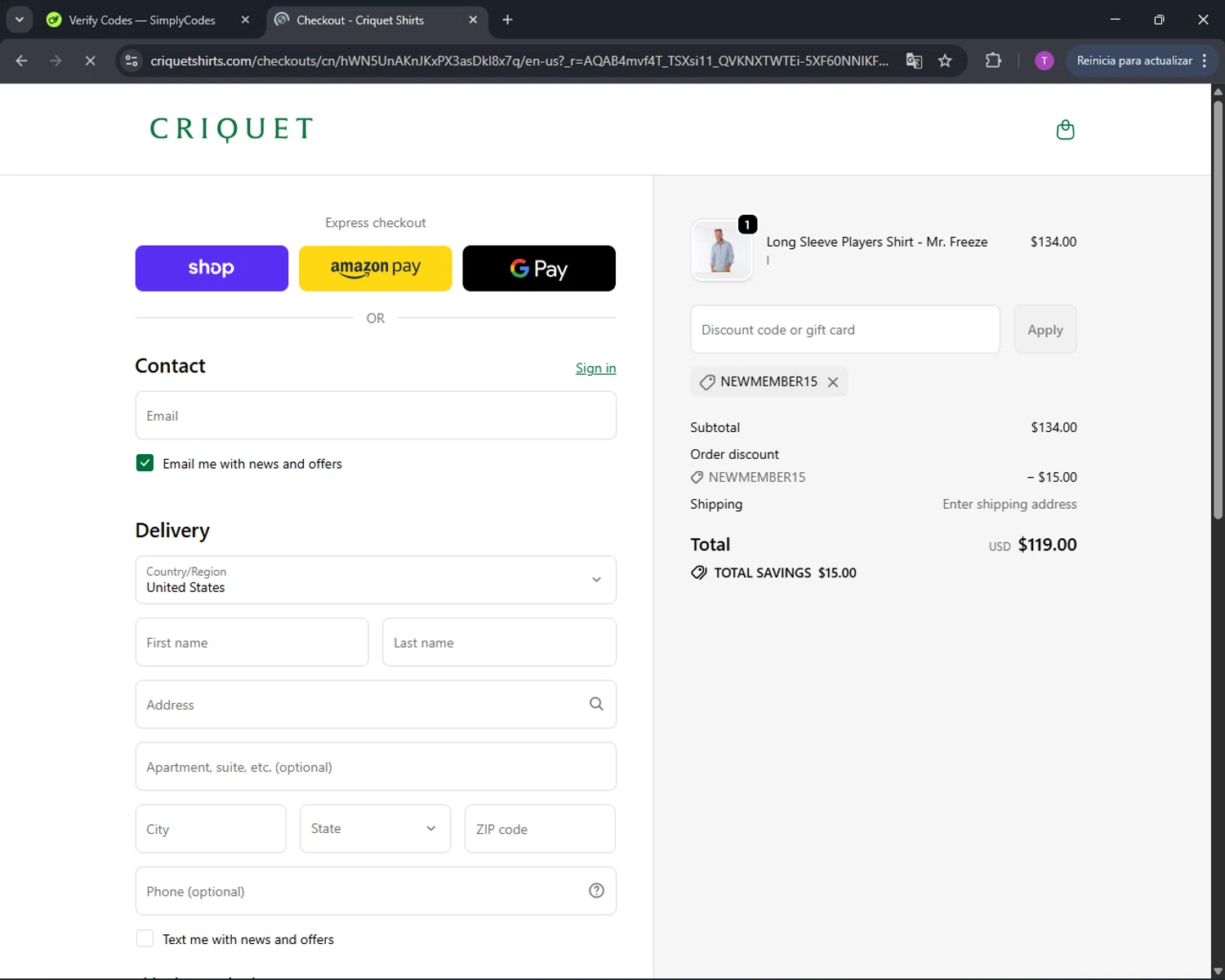Criquet Shirts promo code screenshot showing code NEWMEMBER15 applied at Criquet Shirts checkout page. Uploaded by SimplyCodes community member CleverFinder9623 on Nov 20, 2025