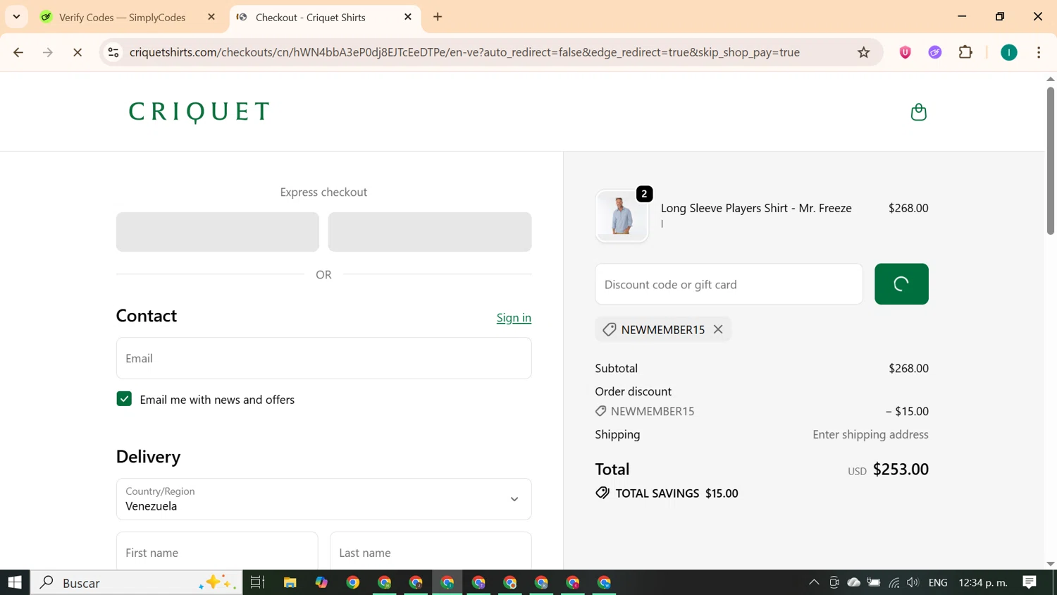 Criquet Shirts promo code screenshot showing code NEWMEMBER15 applied at Criquet Shirts checkout page. Uploaded by SimplyCodes community member ExtraordinaryKnight690 on Oct 27, 2025