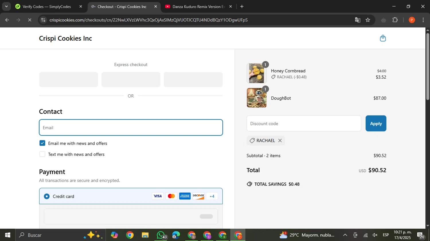 CRISPI discount code screenshot showing code RACHAEL applied at CRISPI checkout page. Uploaded by SimplyCodes community member VictoriousCaptain2658 on Apr 18, 2025