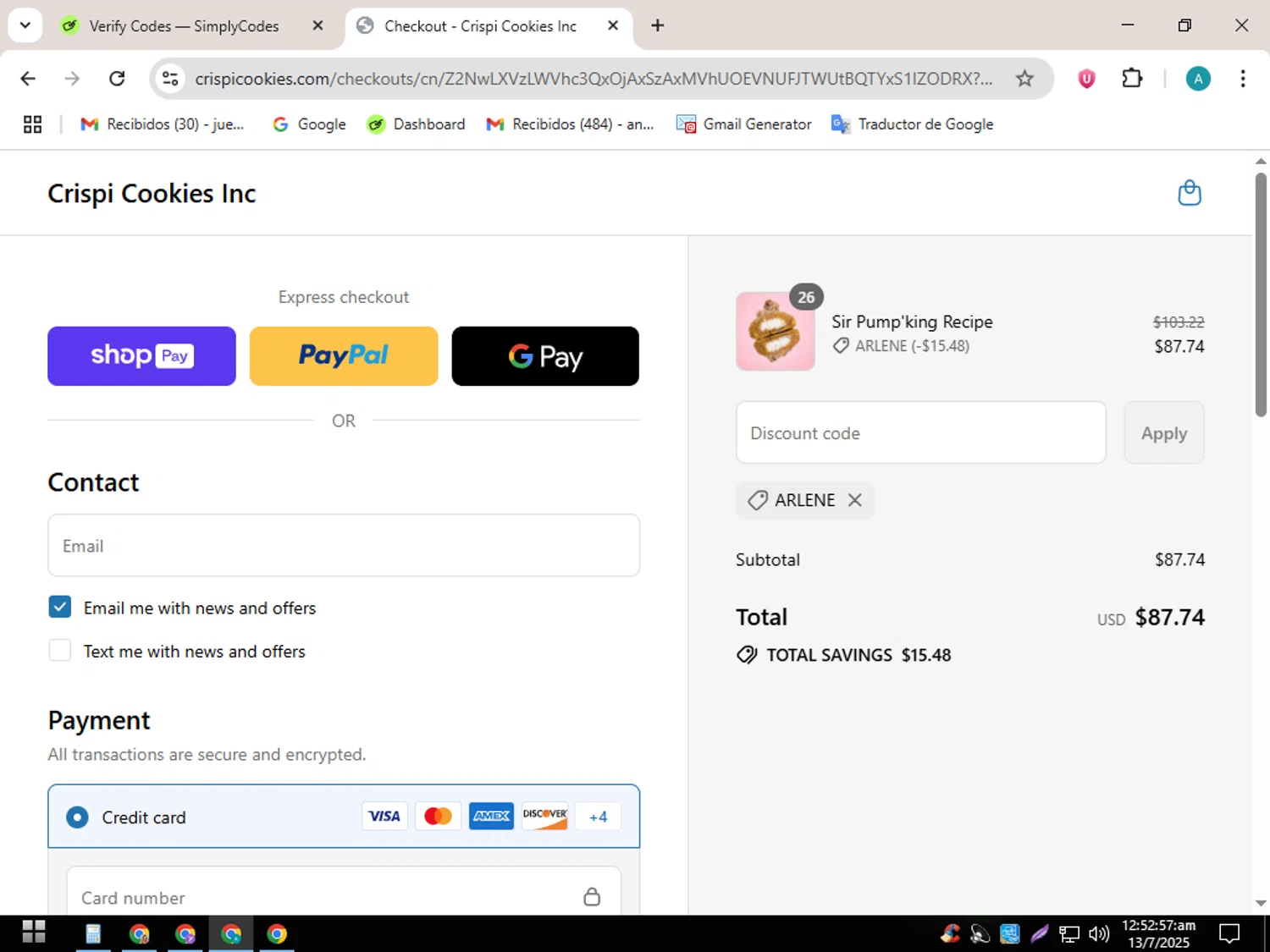 CRISPI discount code screenshot showing code Arlene applied at CRISPI checkout page. Uploaded by SimplyCodes community member SavingsScout358 on Jul 13, 2025