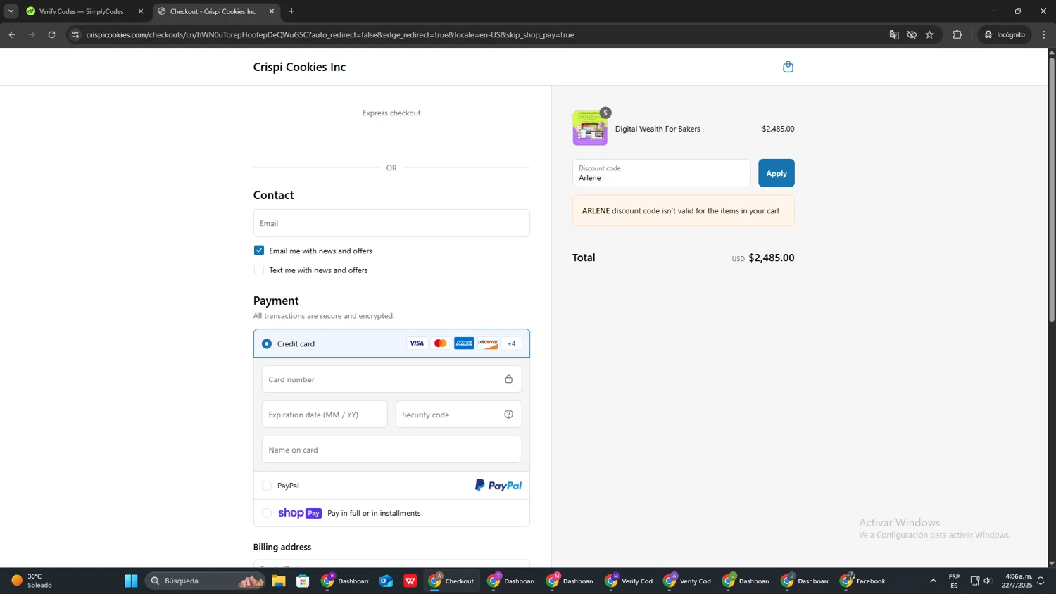 CRISPI discount code screenshot showing code Arlene applied at CRISPI checkout page. Uploaded by SimplyCodes community member SwiftSage2309 on Jul 22, 2025