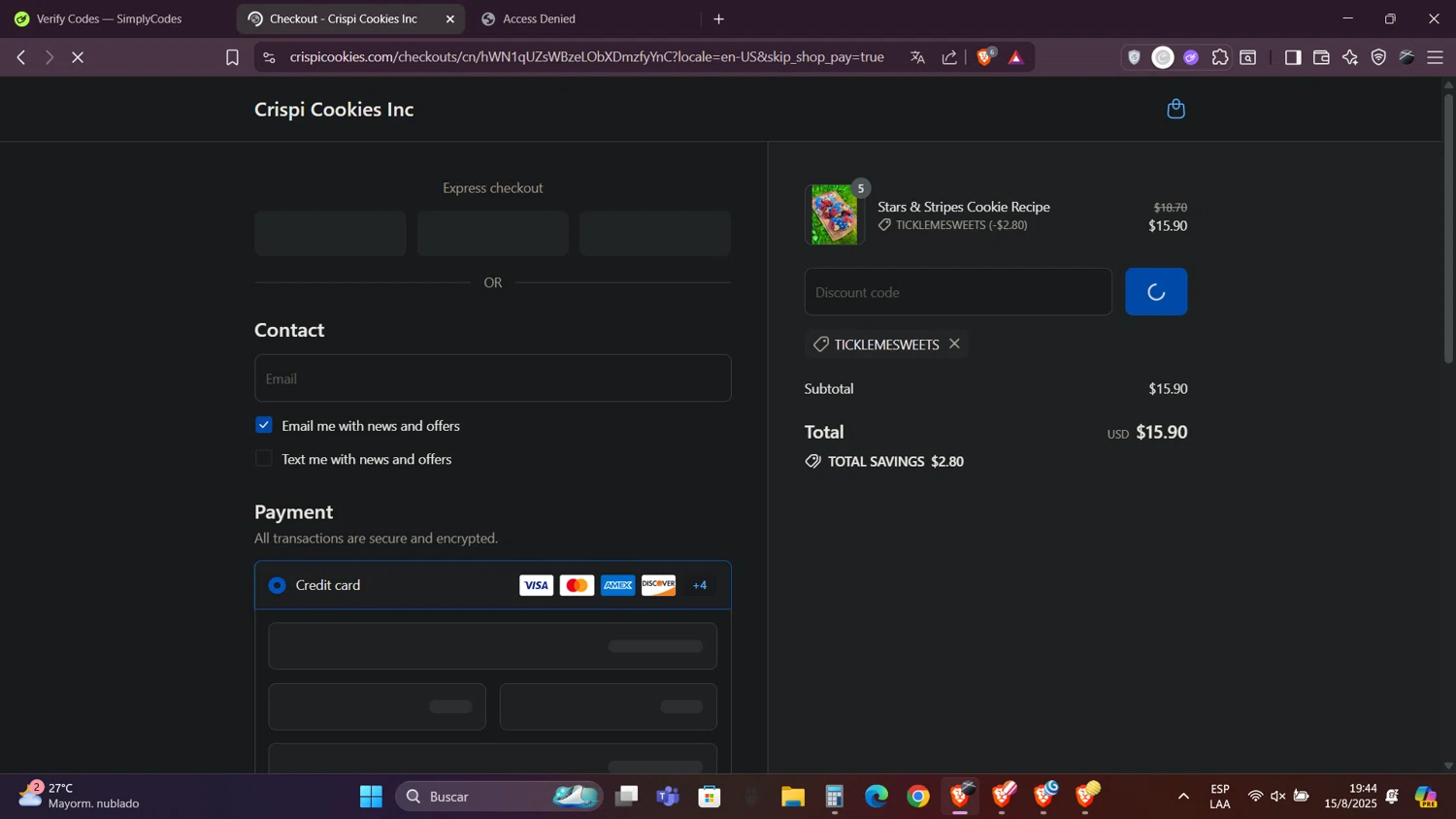 CRISPI discount code screenshot showing code ticklemesweets applied at CRISPI checkout page. Uploaded by SimplyCodes community member Caraxes on Aug 15, 2025
