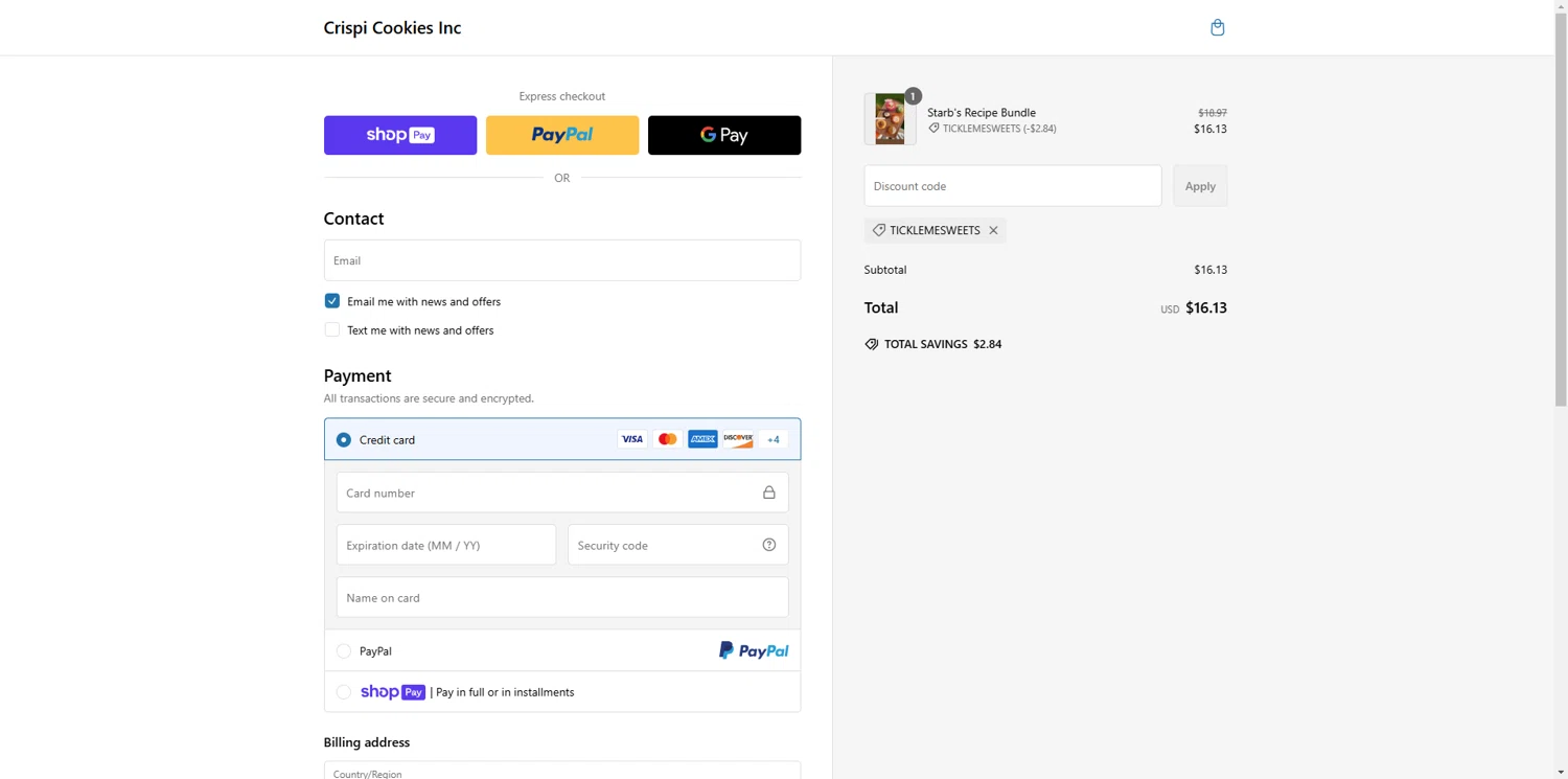 CRISPI discount code screenshot showing code ticklemesweets applied at CRISPI checkout page. Uploaded by SimplyCodes community member ShieldTiger926 on Feb 20, 2025