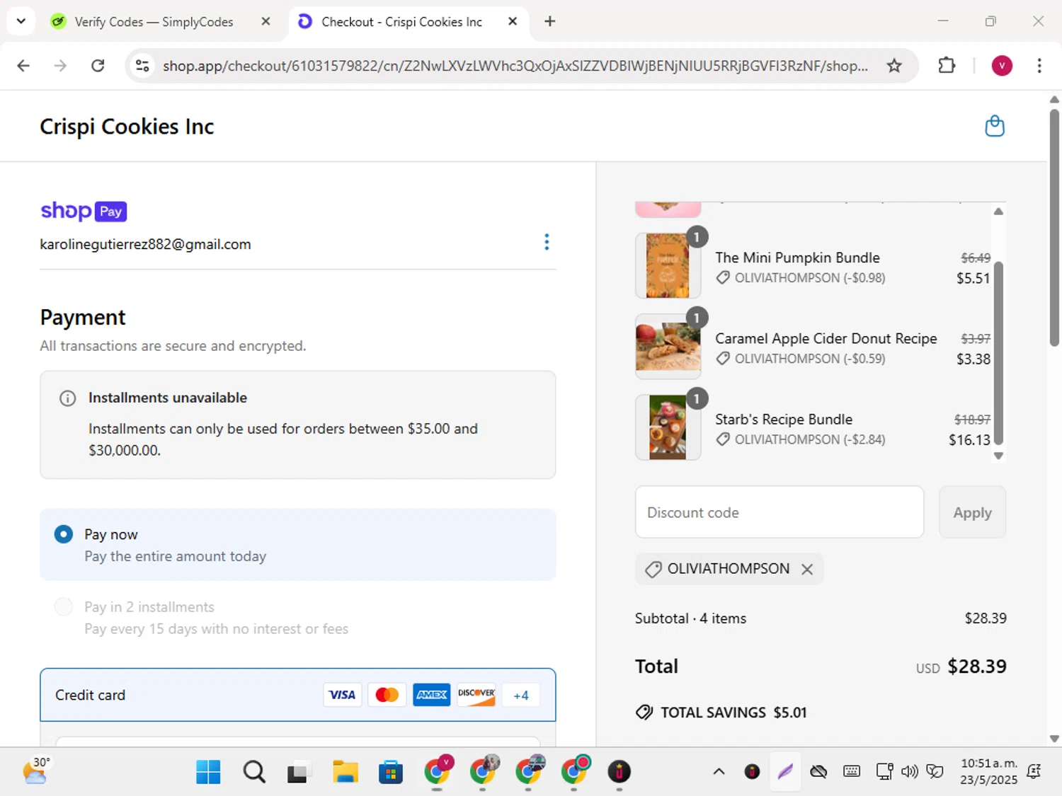 CRISPI discount code screenshot showing code oliviathompson applied at CRISPI checkout page. Uploaded by SimplyCodes community member karoline on May 23, 2025