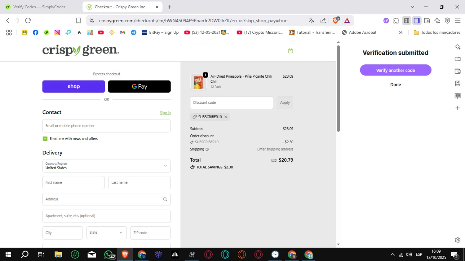 Crispy Green promo code screenshot showing code SUBSCRIBER10 applied at Crispy Green checkout page. Uploaded by SimplyCodes community member Sungjinwoo on Oct 13, 2025