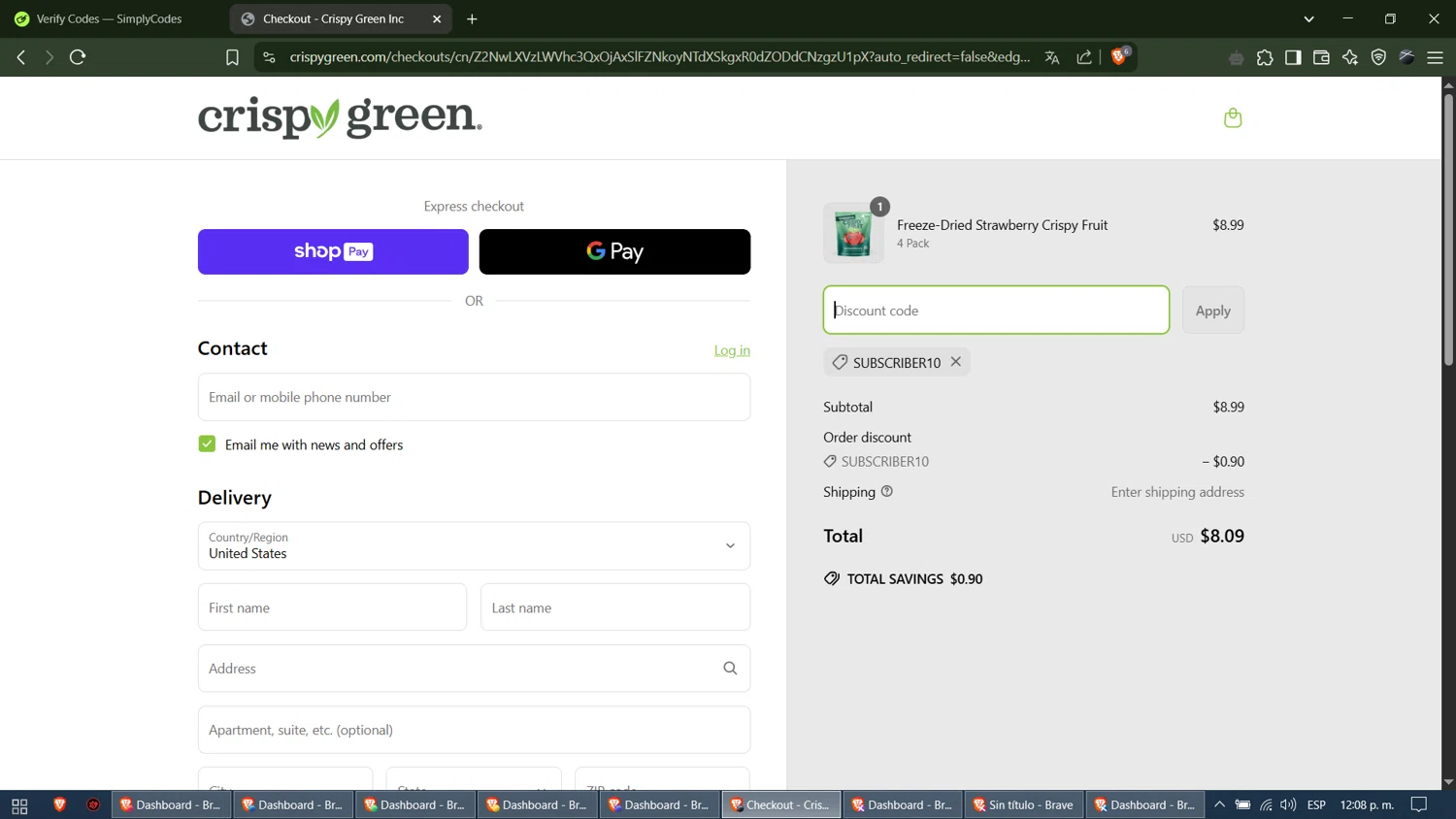 Crispy Green promo code screenshot showing code SUBSCRIBER10 applied at Crispy Green checkout page. Uploaded by SimplyCodes community member culillo on Apr 3, 2025